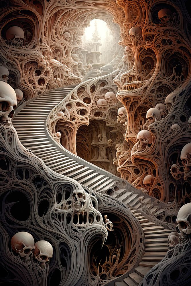 Fantasy of stairway and human skulls. AI Generated.